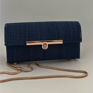 Handmade Navy Blue Clutch with Gold Chain